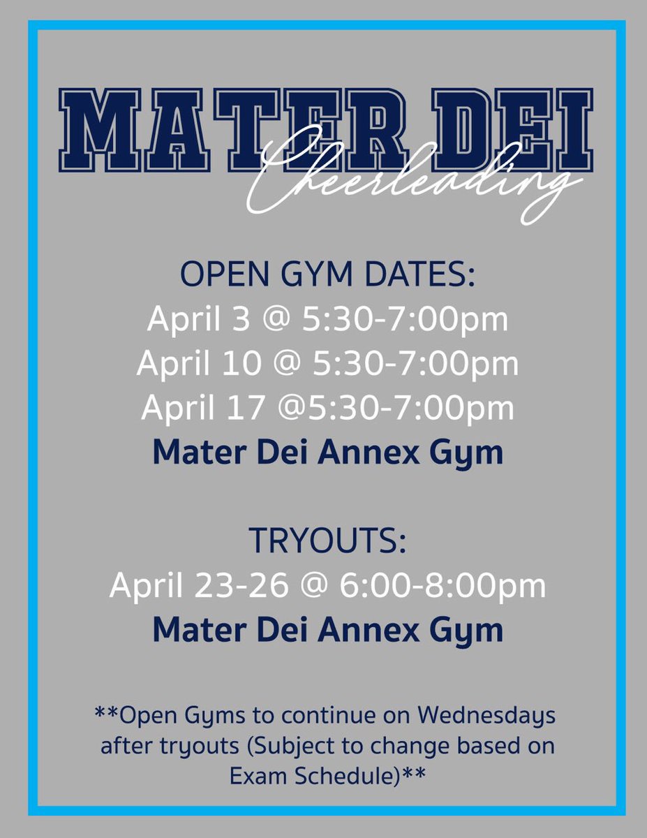 Join us on Wednesdays in April and May for Open Gyms! 
Open Gyms are open to anyone interested in cheering during the 2019/20 school year. All participants must be registered at Mater Dei for the upcoming year.
#MDCheer