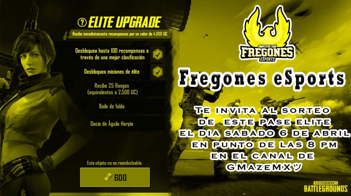Sorteo 🎉 de un pass de <a href="/PUBGmobileESP/">PUBG Mobile Español</a> dar RT 🔄 a este Twitter y seguir a las siguientes personas.
@Fregones_Esport 
<a href="/gmazemx/">OwL丨GAMEZA神</a> 
<a href="/mcskrat/">MC SKRAT</a> 
<a href="/fregon12/">⚔️Fregon⚔️👊 CR.</a> 
El ganador se dará en directo x youtube.com/channel/UCrpUq…  suerte 👍