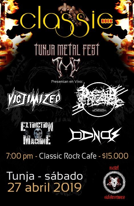 Victimized12's tweet photo. #Victimized vuelve a Tunja! Nos vemos en "Classic Rock Café" el sábado 27 de abril junto a Dead Silence, Odnos y Extintion Machine. Pilas pues,vamos con un setlist especial por el nuevo disco q estamos lanzando en estos días #BrainDestroyed 🤘🏻 #ThrashMetal #NWOTM #MetalColombiano https://t.co/VyyAZH12YA