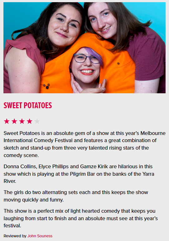 FIVE MORE NIGHTS OF <a href="/PotatoesComedy/">SweetPotatoesComedy</a>! Donna and Gamze have got real good stand-up. I've got silly character shit. People have said nice things. It's a fun time so come and have fun. 5:40 tonight and every night till Sunday! #MICF comedyfestival.com.au/2019/shows/swe…