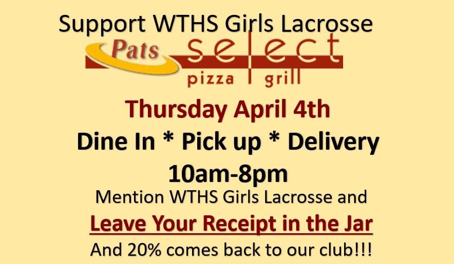 sophiaschiavo3's tweet photo. Supports @GirlsTwpLax Thursday at pats select!! Be sure to leave the receipt in the jar!! 8am - 10pm😝🍕 https://t.co/zLeSRopxiQ