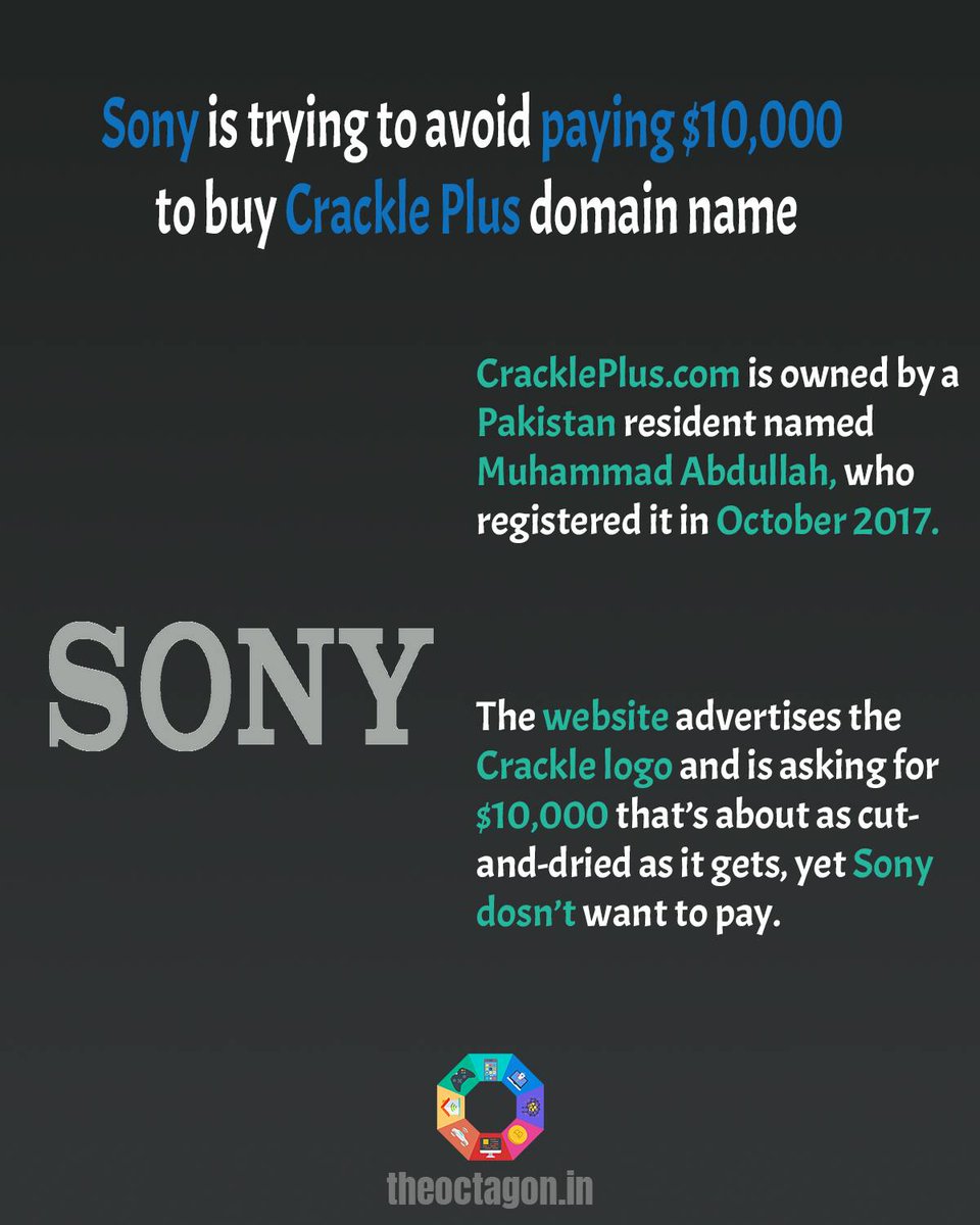 tech_Octagon's tweet photo. Sony is trying to avoid paying $10,000to buy crackle plus domain name
.
.
Follow us for more amazing content !
.
.
#internet #futuretech #facts #technology #blog #techblog#information #geek #techie  #innovation #trending #Sony#crackleplus  #domain #name https://t.co/Q7ojbtukf1
