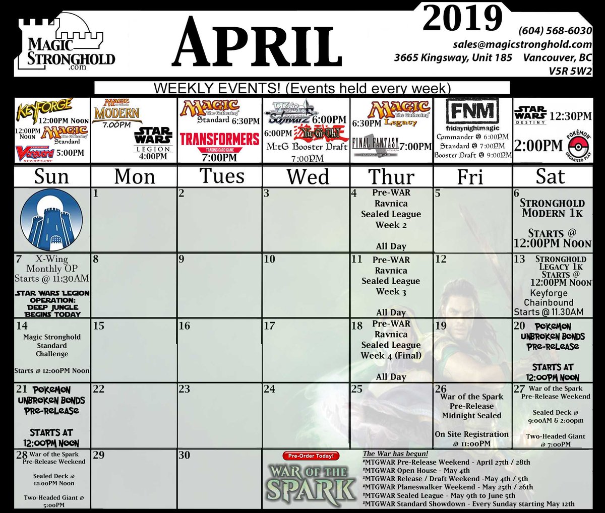magicstronghold's tweet photo. April is another amazing month at #MagicStronghold! We have weekly tournaments, special events and don't forget #WarOfTheSpark #PreRelease is happening at the end of the month. So. Much. Awesome.

We look forward to seeing you all there! https://t.co/X3nZrGTSCN