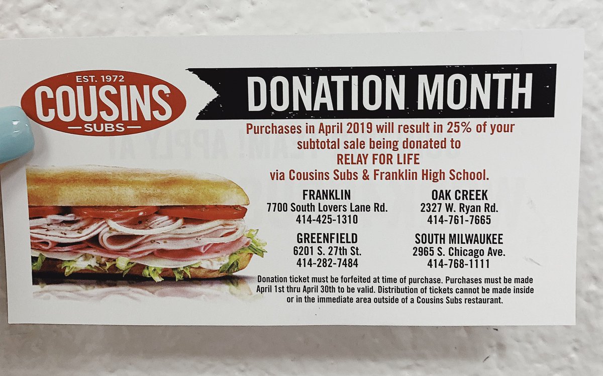 visit anyone of these 4 Cousins Subs locations throughout the month of april 🌸 25% of proceeds will be donated to RFL🎗 show this picture during checkout 💜🥰