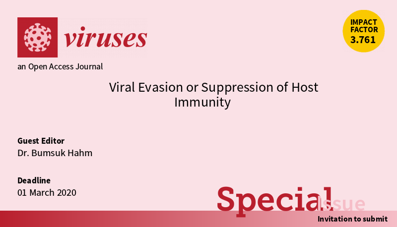 VirusesMDPI's tweet photo. Edition "#ViralEvasion or Suppression of #HostImmunity" is open for submissions. We invite colleagues to send your latest research on viral tactics to escape or counterattack host #innate or #adaptiveimmune responses following infection to this issue: https://t.co/iiFSu88ffm https://t.co/EXX8iuViMN