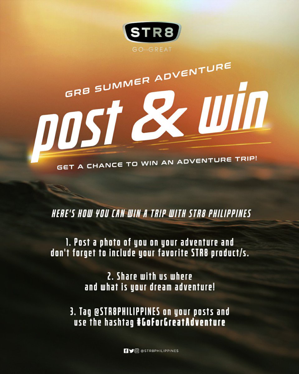 STR8Philippines's tweet photo. Win an adventure trip for you and your friends! All you have to do is post a picture of you on an adventure with your favorite STR8 product.  

Don’t forget to tag @str8philippines  and use the hashtag #GoForGreatAdventure! https://t.co/fV4qkQEoeP