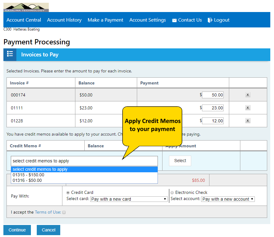 CatalinaTech's tweet photo. Catalina Technology's Account Central, online payment portal for Dynamics SL, now allows your customers to apply credit memos to an invoice or debit memo when paying online. #pcicompliance #pci #paymentprocessing #msdynsl #dynamicssl @msdslug https://t.co/oNtNwza4rX