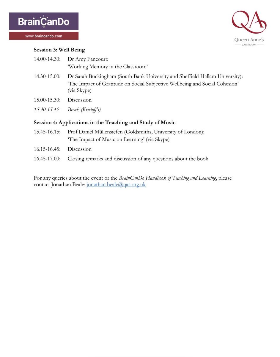 Braincando's tweet image. We’re looking forward to hosting a symposium tomorrow at @QASCaversham, featuring speakers contributing to our forthcoming book, the BrainCanDo Handbook of Teaching and Learning (Routledge, 2020). Programme attached. @RoutledgeEd #educationalneuroscience #booksymposium #education