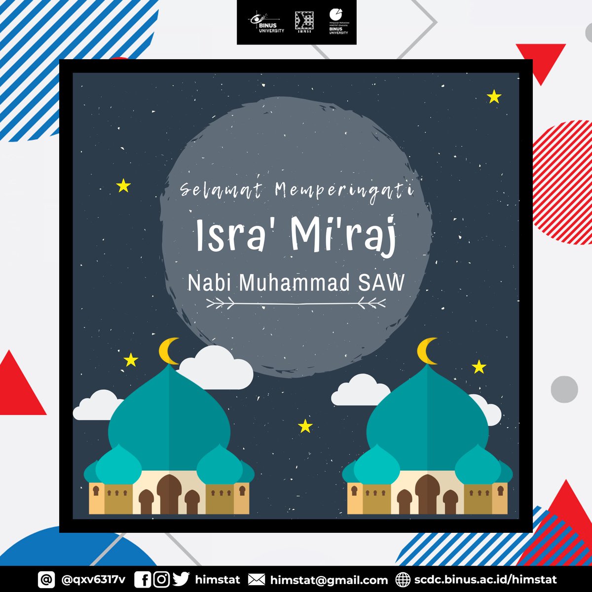 HIMSTAT's tweet image. Selamat memperingati Isra Mi’raj Nabi Muhammad SAW bagi umat Islam. Tingkatkan keimanan &amp;amp; ketaqwaan kita kepada Allah SWT dan semoga syafaat Nabi Muhammad SAW selalu menyertai kita semua🙏🏻 

#IsraMiraj2019