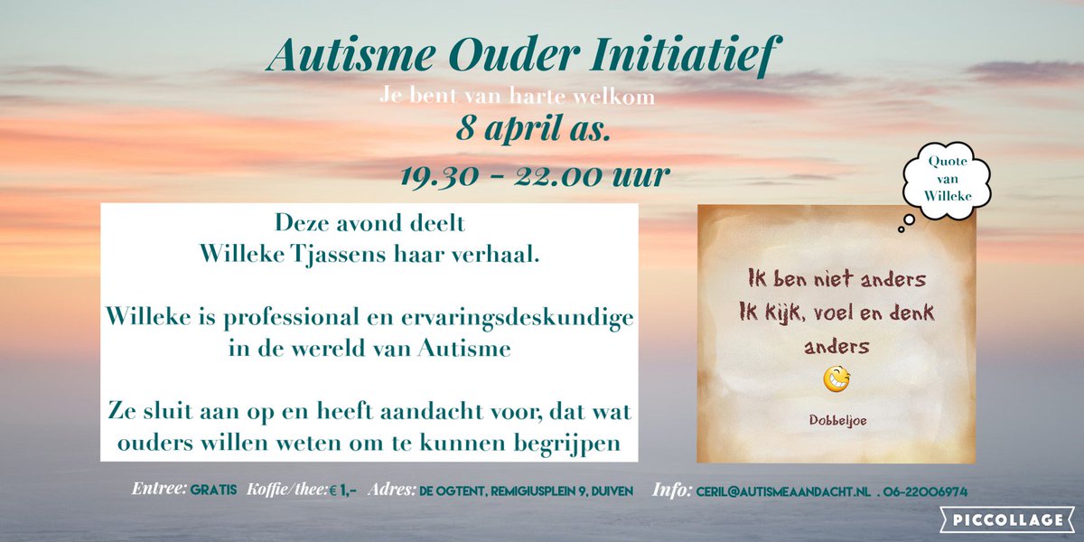 Op 8 april is Willeke Tjassens gastspreker bij #Autisme Ouder Initiatief. Je bent van harte welkom!