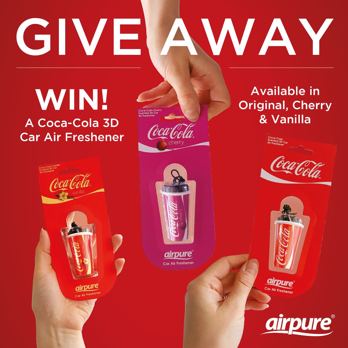 AirPure® on X: 🎈IT'S #GIVEAWAY TIME🎈 For your chance to #WIN our new Coca -Cola 3D Car Air Fresheners and keep your car smelling fresh 🍒 1. Follow  @AirPureUK 2. Retweet 3. Comment