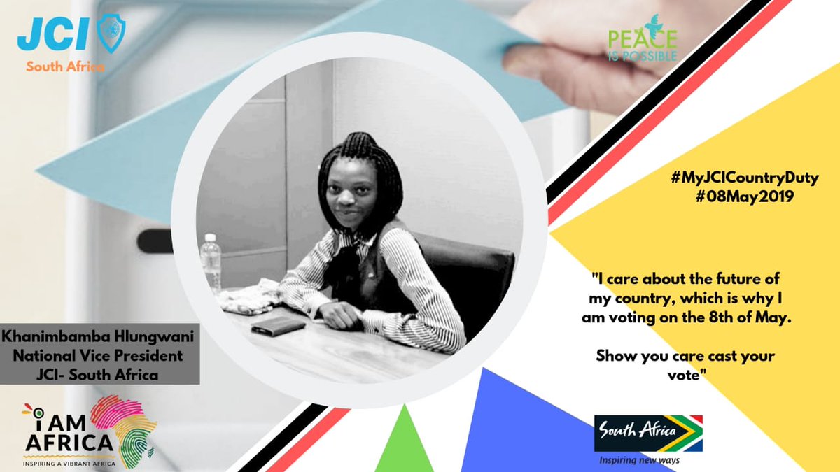 JCISouthAfrica's tweet photo. Our National Vice President's are sharing why South Africans should vote on the 8th of May!
#MyJCICountryDuty
#IAmAfrica @jcinews #act4peace
@jcimangaung @TshwaneJci
#JCISA #JCI #JCISOUTHAFRICA
#InspiringImpact
#PeaceIsPossible
#PLAYYOURPART
#HorizonsExpanded https://t.co/dMYaqHyDVw