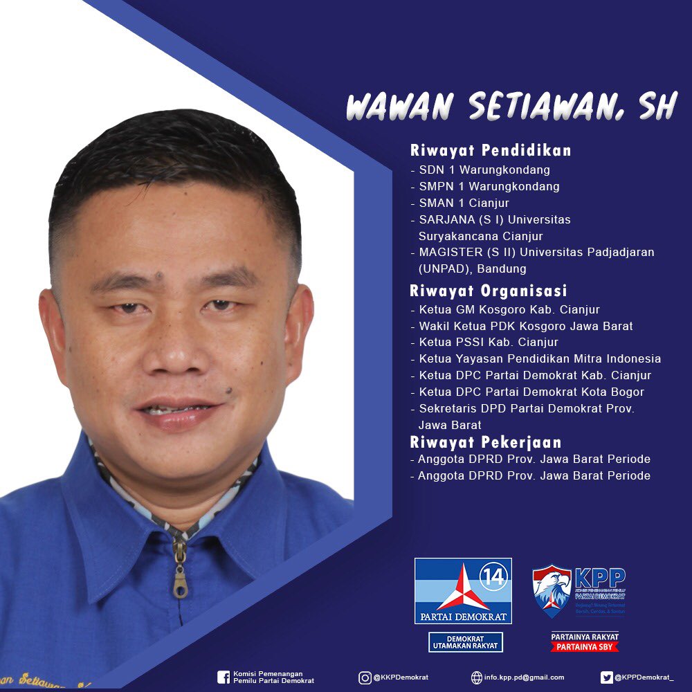 KPPDemokrat_'s tweet photo. Kenalan yuk sama Caleg Fraksi Partai Demokrat 👇🏼
2. Wawan Setiawan, SH
(Calon Ang.Legislatif 2019-2024 Dapil Jabar III)
Beliau jg merupakan Ang. DPRD Prov.Jabar&amp;Sekretaris DPD Jabar
#jawabarat #KPPdemokrat #demokrats14p #partaidemokrat #demokratsiap2019 #mengenalcalegfpd https://t.co/o2UV6lf5jv