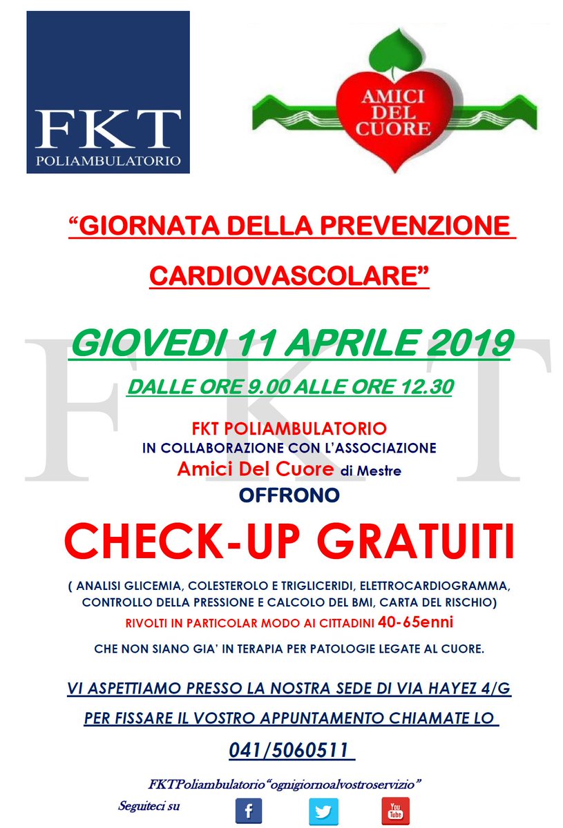 FktAmbulatorio's tweet photo. Giornata prevenzione cardiovascolare 💖
#FKT e Amici del Cuore #Mestre vi aspettano
✅ Giovedì 11 aprile dalle 9 alle 12.30
Check-up gratuiti
👍 analisi glicemia, colesterolo, trigliceridi 
👍 elettrocardiogramma 
👍 controllo pressione 
👍 calcolo BMI
➡️ https://t.co/hOFG0UNBBF https://t.co/9hMQd4AoFS