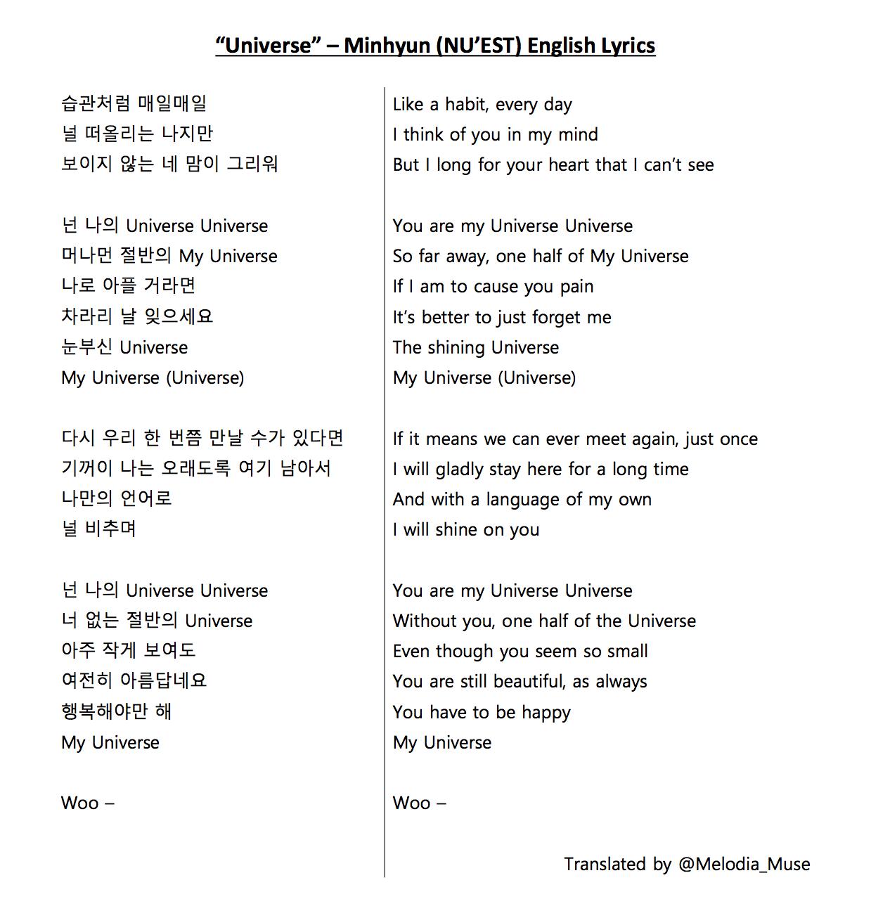 Jee / 멜뮤즈⁵ / Aron bday project on Twitter "[TRANSLATION] "Universe" Minhyun (NU'EST) English