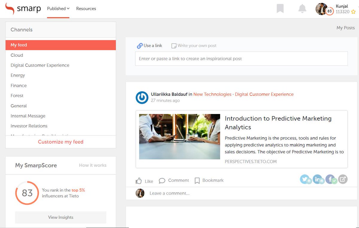 kunjal23's tweet photo. New look @BeSmarp :) Good stuff. Looks clean and organized. #EmployeeAdvocacy #Employeeexperience #uxdesign https://t.co/8V4YsWQ7Eo