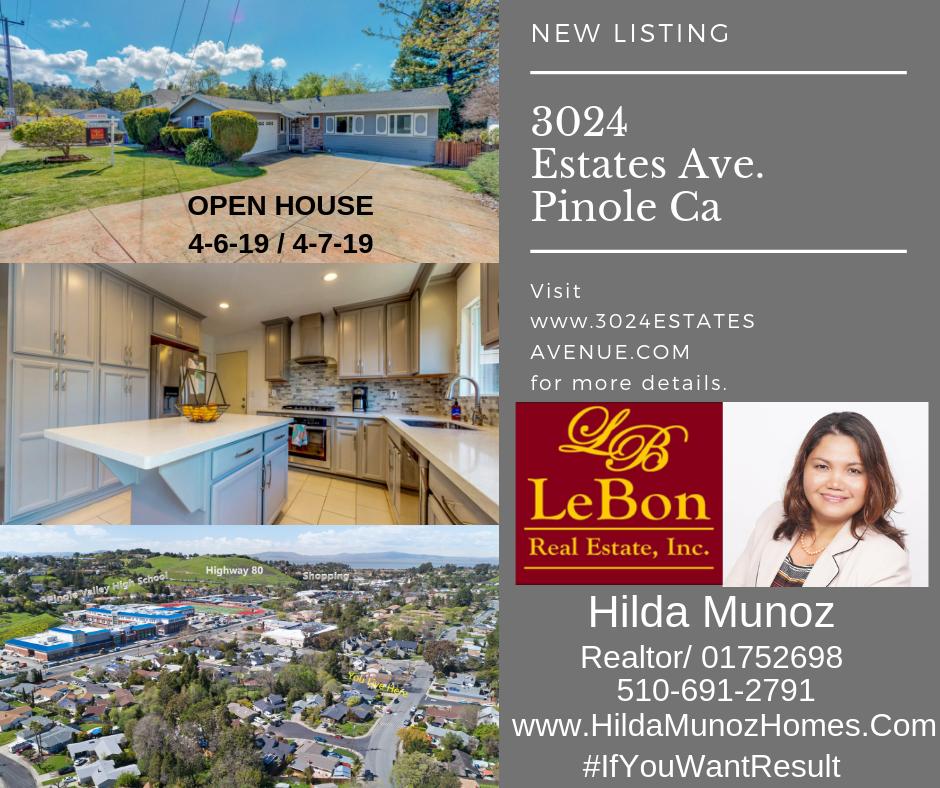 #OpenHouse
#NewListing
#PinoleHomes
#PinoleCalifornia
#EastBayHomes
#ConvenientLocation
#RanchStyleHome
#HugeLot
#BeautifulArea
#SurroundedByPinoleValley
#NearPinoleValley
#BayArea
#LuxuryHome
#EastBay
#NearPinoleValleyHighSchool

Find Out More at  HildaMunozHomes.Com