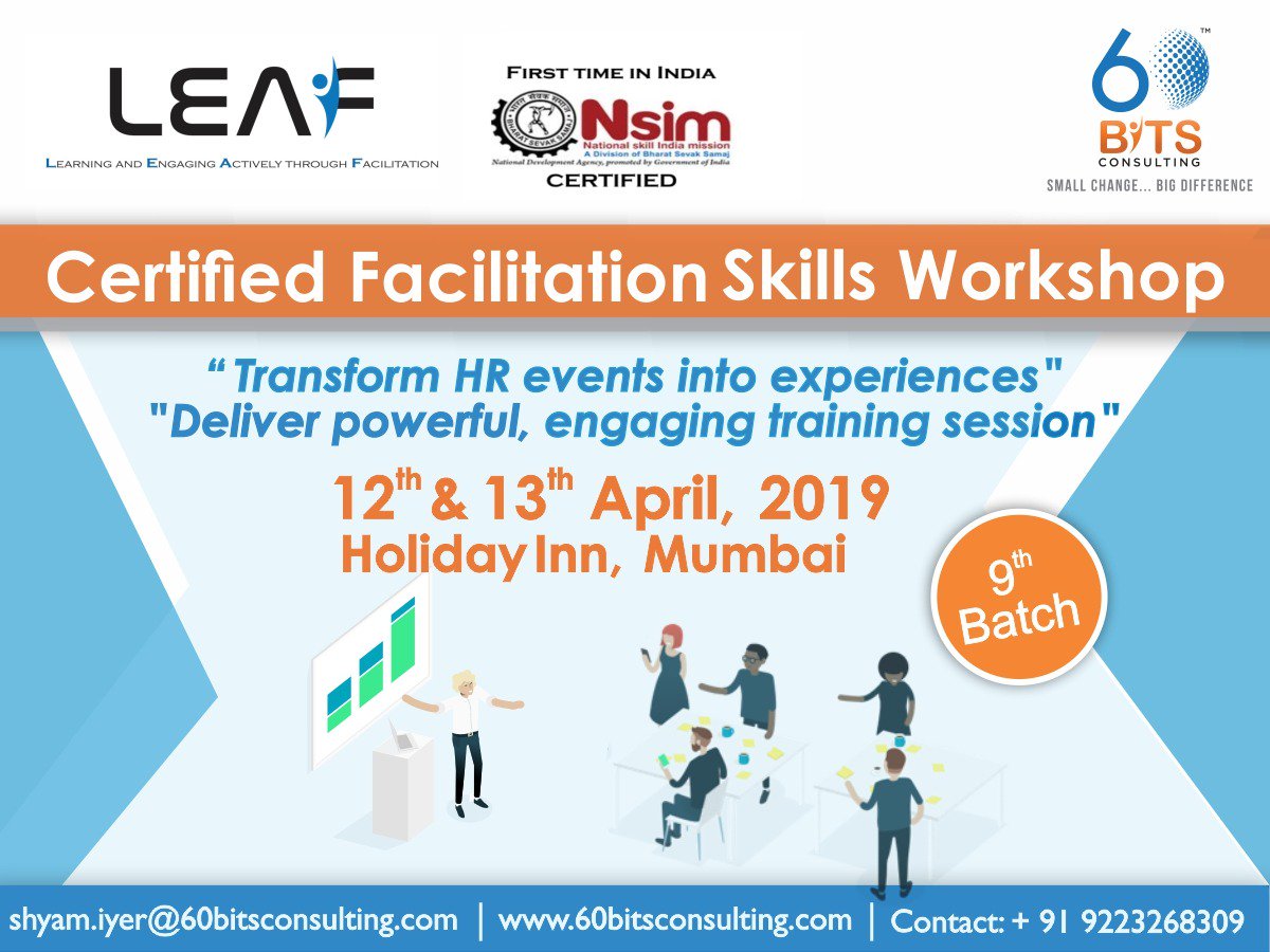 Bits60's tweet photo. Transform yourself from HR events into experience. Grab your seat now for upcoming event facilitation workshop on 12th and 13th April in Mumbai. For more information call 9223268309 and visit our website

https://t.co/e1qiLqE0y8

#60bits #processfacilitators #facilitators https://t.co/SJ4nJPPNaM