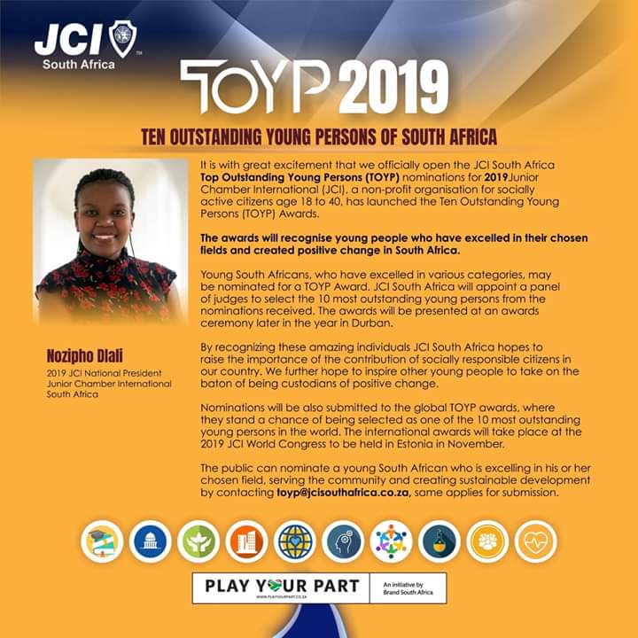 JCISouthAfrica's tweet photo. #JCISA National President @NoziphoDlali1, introduces the #JCISATOYP2019.
Don't miss the chance to nominate someone of your choice. Nomination forms are available by email request at toyp@jcisouthafrica.co.za.
#JCISA #JCISATOYP2019
#PLAYYOURPART
#HorizonsExpanded
#IAmAfrica https://t.co/xFa07SJFZI