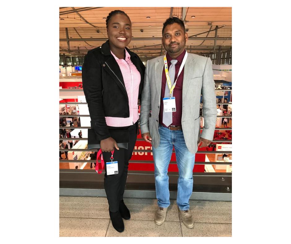 PCSglobalZA's tweet photo. PCS Global Sales &amp; Marketing Director Sabin Nair and Solutions Architect Emilie Tshibuabua at Hannover Messe 2019! 

#pcsglobal #HannoverMesse #InnovatingAutomation https://t.co/9nDfn04hc7