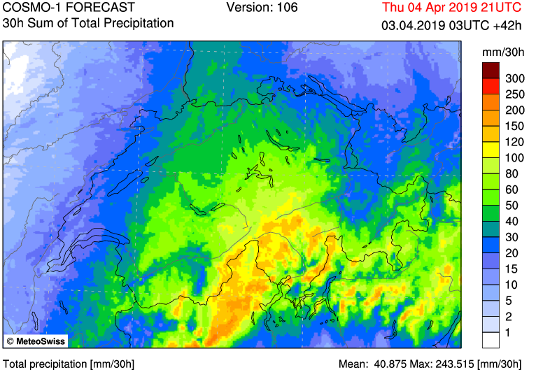 MeteoSvizzera's tweet photo. Già parzialmente cominciate le precipitazioni entreranno nella fase più intensa in serata, ecco i quantitativi attesi nelle prossime 30 ore, secondo il modello COSMO-1. #meteosvizzera #cosmo1 #allertameteo https://t.co/gzbdmr4yIm https://t.co/89bkfIRoch