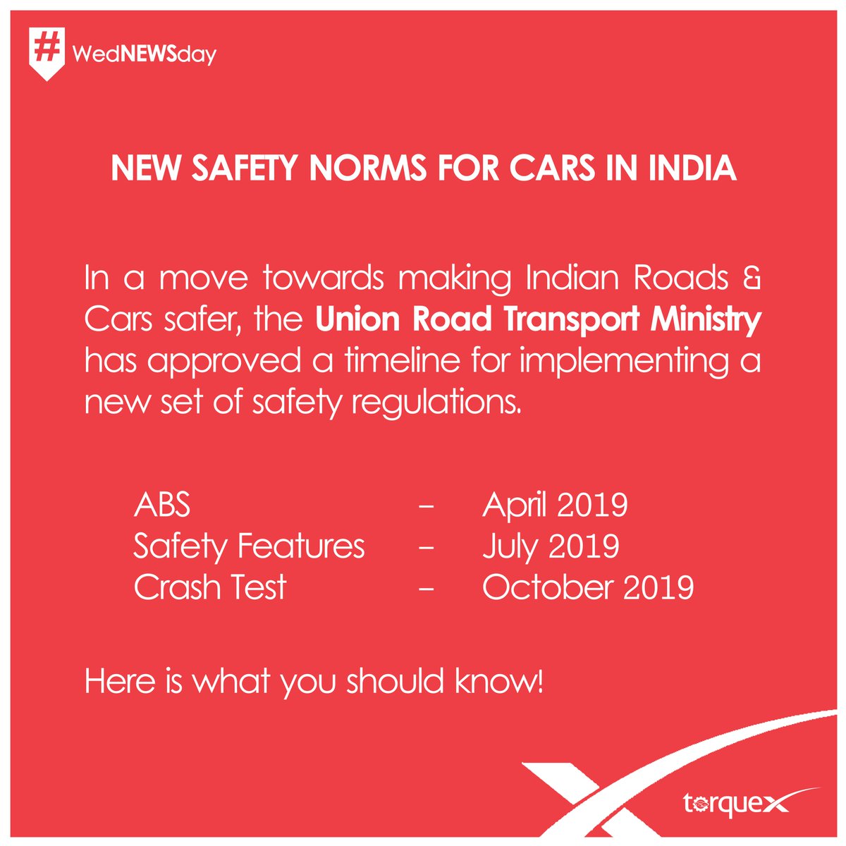 TorqueXOfficial's tweet photo. 2019 is the year of Safety! Here is the list of new safety regulations &amp; timelines that you should know!

#TorqueXperience #TorqueXclusive #wedNEWSday #FollowUs https://t.co/U2OGw38fwb