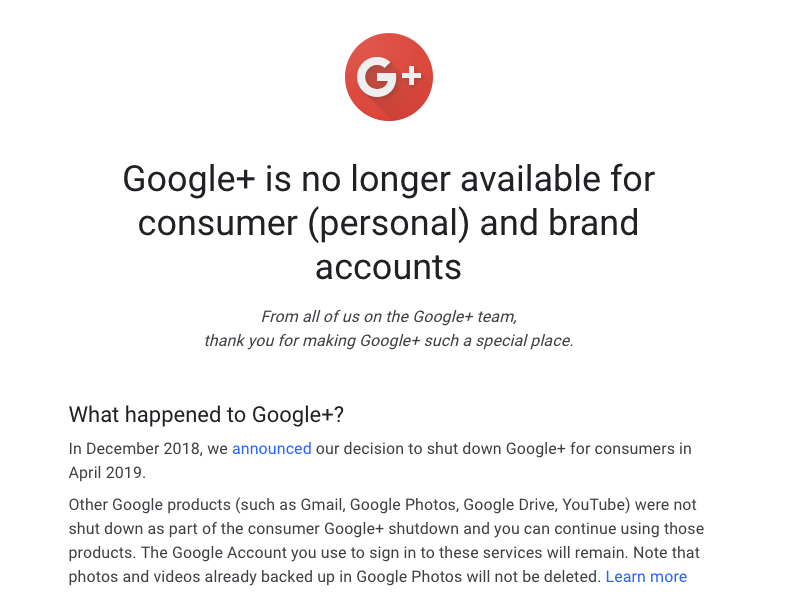 IIH_Global's tweet photo. Google+ is no longer available for personal and brand accounts.
#G+ #GooglePlusShutdown https://t.co/Zd6PDzp5e9