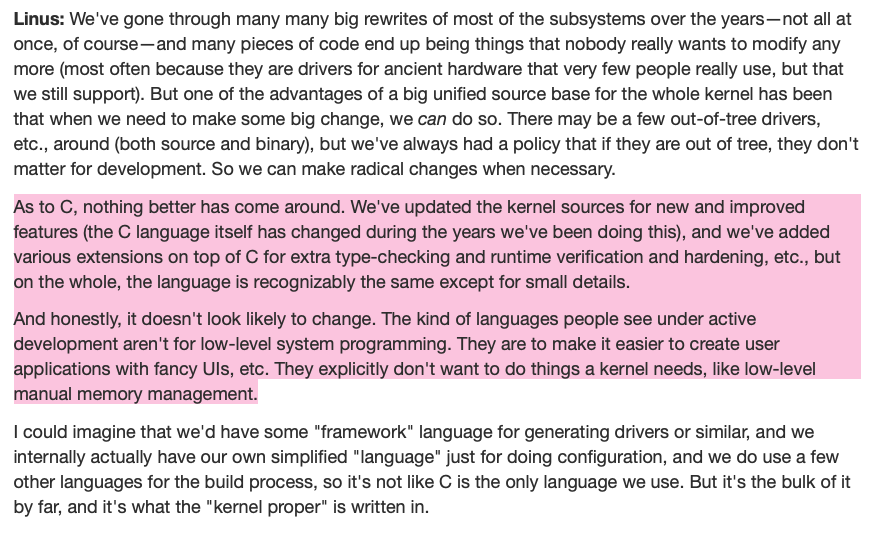 anujdeshpandey's tweet image. Pretty dope interview with Linus Torvalds. The most interesting bit for me was him saying &quot;nothing better has come around&quot; wrt C as a language for low-level #SystemsProgramming.

linuxjournal.com/content/25-yea…