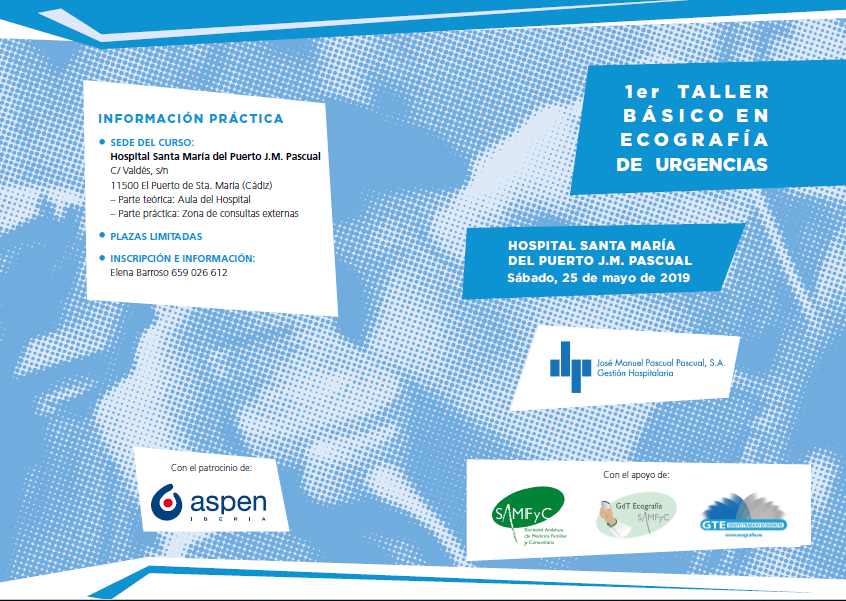 HStaMariaPuerto's tweet photo. Organizamos el I TALLER BÁSICO EN ECOGRAFÍA DE URGENCIAS que tendrá lugar en @HStaMariaPuerto el día 25 de mayo. Invitamos a todos los médicos del grupo José Manuel Pascual Pascual a participar en este taller que cuenta con el patrocinio de #aspeniberia y con el apoyo de @SAMFyC https://t.co/5Bm5hmwjWu