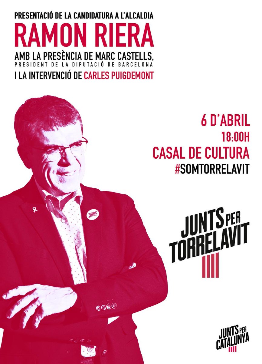JXTorrelavit's tweet photo. Benvolguts veïns/es de TORRELAVIT, 

Us convidem a venir a l'acte de presentació de la nostra candidatura *JUNTS PER TORRELAVIT* a les properes eleccions municipals del 26 de maig.   
Us hi esperem!!

📅 Dissabte 6 d’abril
⏰ 18:00h
📍 Casal de Cultura - Torrelavit
🥂 Coca i Cava https://t.co/OS7hxVI1Pg