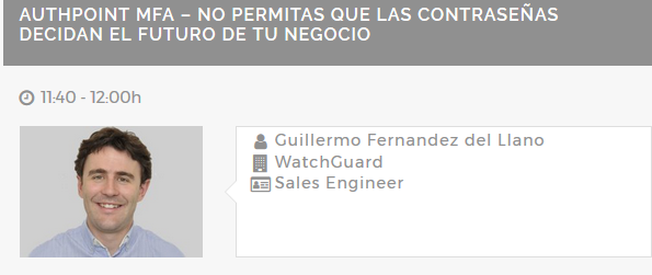 WatchGuardSpain's tweet photo. No permitas que las contraseñas decidan el futuro de tu negocio. Guillermo Fernández, @WatchGuardSpain, da las pautas para gestionar de forma eficaz y segura las contraseñas @gfernandezllano Conferencia a punto de empezar 11:40h en Zona EXPO-planta3 #AuthPoint #ASLAN2019 https://t.co/pQPeaJ24Rk