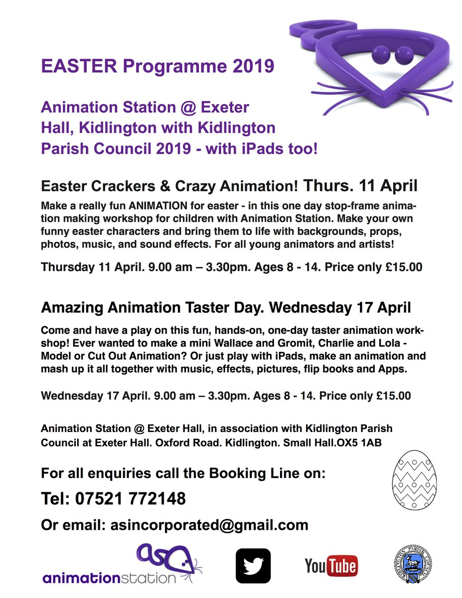 Ani_Station's tweet photo. @Wassup_Oxford  Exciting new Easter animation workshops for children out now at Exeter Hall, Kidlington. See you soon! asincorporated@gmail.com. Starting 11 April. https://t.co/UJpVNTzY2v