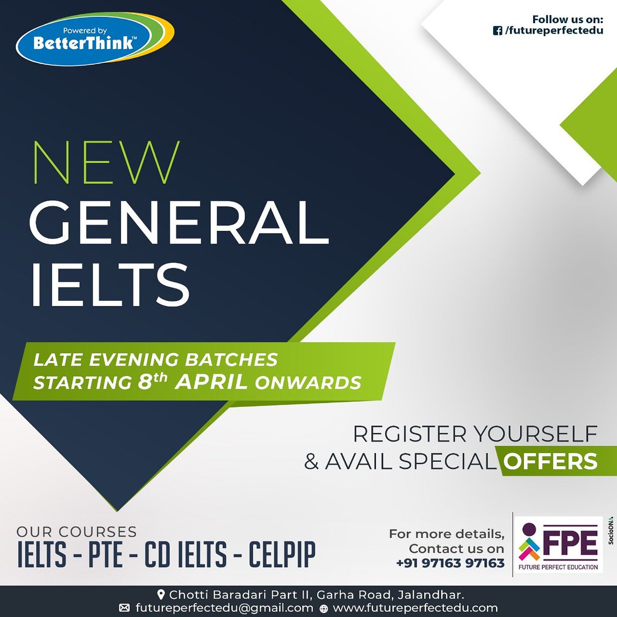 FuturePerfectE1's tweet photo. Late evening IELTS General Training batches.
Now available only at FPE.
Starting from 8th April 2019.

Hurry Up!

Register Now to avail special offers.

#FPE #FuturePerfectEducation #FPEIelts #FPEPTE #FPECelpip #FPECDIelts #FPEGrammar #FPESpokenEnglish #IELTS #PTE https://t.co/cmDFW18ZMT
