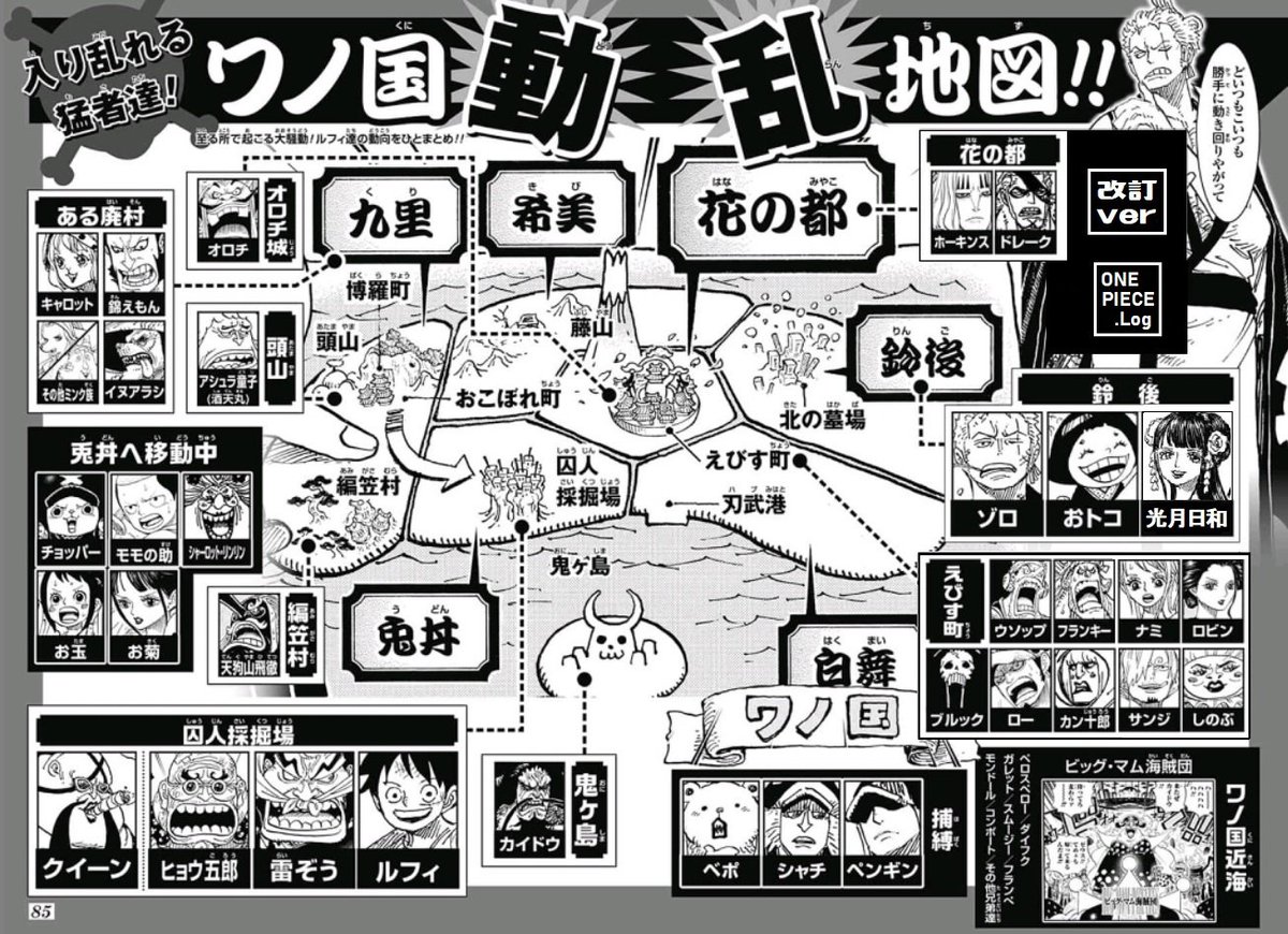 Log ワンピース考察 On Twitter ワノ国動乱地図を少々改訂 小紫を光月日和に変更 花の都のメンバーをえびす町に ワンピースネタバレ Https T Co Rkgugoppln