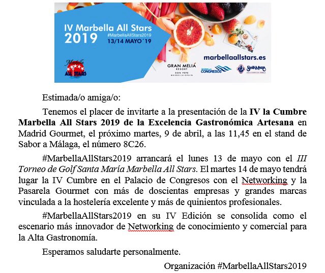 Presentación de la IV cumbre <a href="/marbAllStars/">Grupo All Stars</a> 2019 en #madridgourmet 9 de Abril a las 11:45 en stand <a href="/SaboraMalaga/">Sabor a Málaga</a> <a href="/OakPower/">Oak Power PR</a> <a href="/GastroPeriodism/">𝙿𝚎𝚛𝚒𝚘𝚍𝚒𝚜𝚖𝚘 𝙶𝚊𝚜𝚝𝚛𝚘𝚗𝚘́𝚖𝚒𝚌𝚘</a> #marballstars19