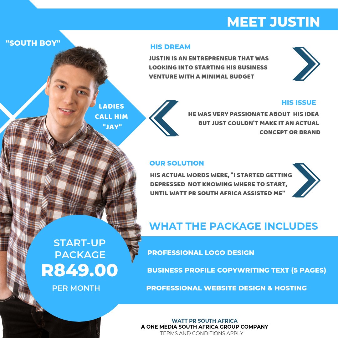 WattPR_SA's tweet photo. Meet Justin and see how his dream worked out for him like it can for you, enquire at hello@wattpr.co.za

#Business #BusinessProfile #Marketing #BrandActivation #Soar #Entrepreneurship #wattprsa #onemediasagroup #logo #packages #OnlinePresense #Followers #Likes #Websites #Hosting https://t.co/WgFU1BK5ku