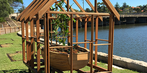 IWCouncil's tweet photo. Congrats to the winner of the first IWC Environmental Art Award, Sally Kidall for her work entitled 'Portable Containment: where are we going continues...?' The installation can be seen on The Bay Run in Lilyfield until Sunday, 7 April, part of the EDGE #ArtOnTheGreenWay program. https://t.co/5eHTn7Fwhk