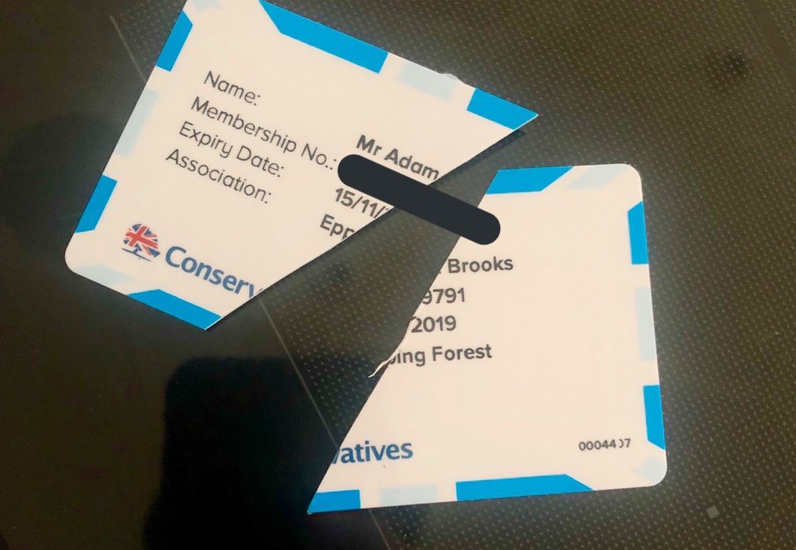 Nigel_Farage's tweet photo. Never seen so many pictures of @Conservatives membership cards being ripped up like this. 

Join @brexitparty_uk as a registered supporter now: https://t.co/QXOkndZhtj https://t.co/3neQBCIJWJ