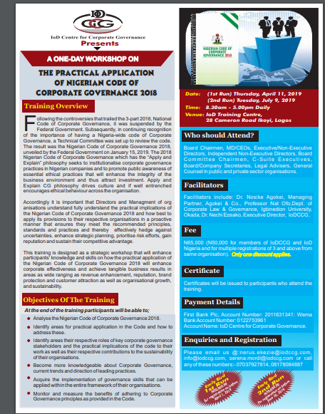 IoDCCGNigeria's tweet photo. It is important that Directors and Management of organisations  fully understand the practical implications of the Nigerian Code of Corporate Governance 2018 and how best to apply its principles to their respective organisations in a proactive manner. #Worskhop #April,11, 2019 https://t.co/wZzv7YvBlH