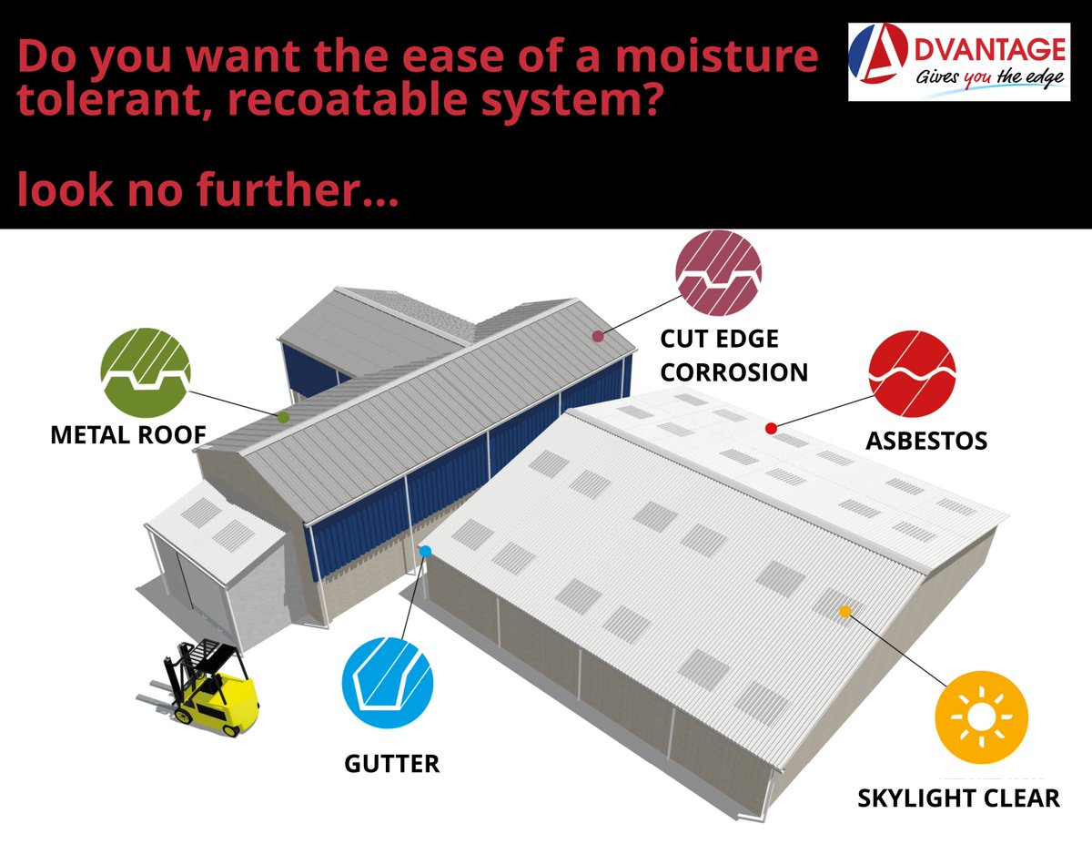 AlltimesCoating's tweet photo. Looking for an easy to apply, damp tolerant &amp; recoatable system?
Advantage is your perfect system for your commercial/industrial repairs, ideal for:
+ Cut Edge Corrosion
+ #Asbestos and Metal #roofing 
+ Gutter Repair
+ Skylight Clear

https://t.co/CqAw17D7zQ

#RoofingContractors https://t.co/tjf2zFiEeN