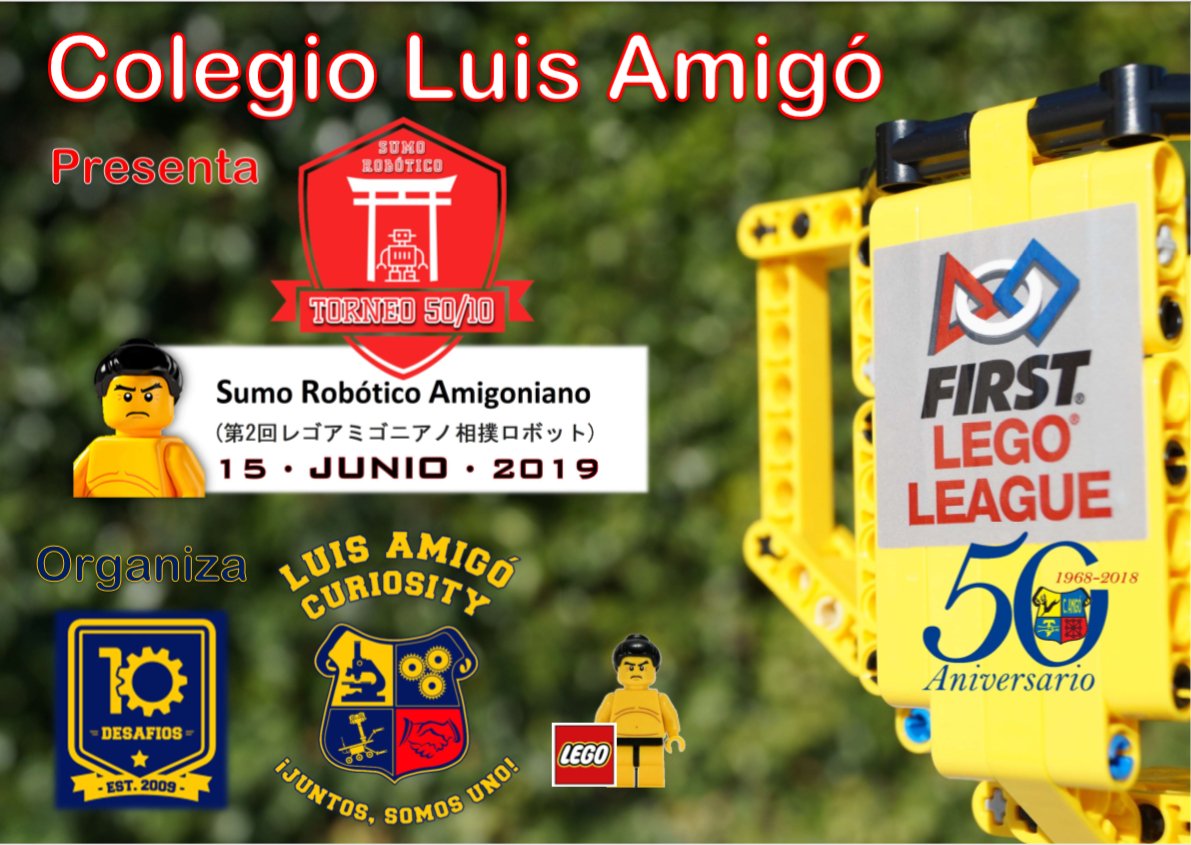 El próximo sábado 15 de junio está previsto celebrar, dentro de los actos del 50 Aniversario del Colegio, un Gran Evento de SUMO con ROBOTS de LEGO en el <a href="/colegioamigo/">Colegio Luis Amigó</a>. La Robótica lleva diez años desarrollándose en nuestro Centro y queremos celebrarlo. [+]colegioamigo.com/actividades