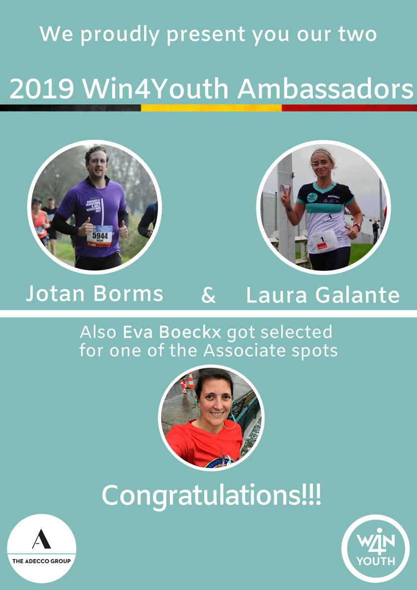 Congrats to our <a href="/AdeccoGroupBE/">The Adecco Group Belgium</a> <a href="/Adecco_Belgium/">Adecco Belgium</a> 2019 <a href="/Win4Youth/">Win4Youth</a> Ambassadors, Jotan Borms &amp; Laura Galante <a href="/lapinerie/">laura galante</a> + <a href="/evaboeckx/">Eva Boeckx</a> who got 1 of the Associate slots. Enjoy this amazing adventure, supporting <a href="/PlanGlobal/">Plan International</a>