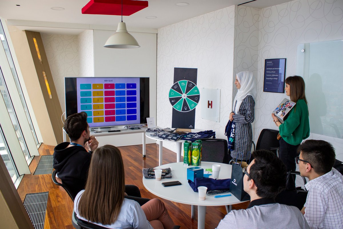 atlantbh's tweet photo. During this afternoon's meetup with our interns we learned how the #ABHInternship improved them professionally & personally. We also got to test their knowledge through a short fun quiz, and they were rewarded with #ABHMerch prizes. You're on the right track folks, keep going! https://t.co/0jVcDuC1jq