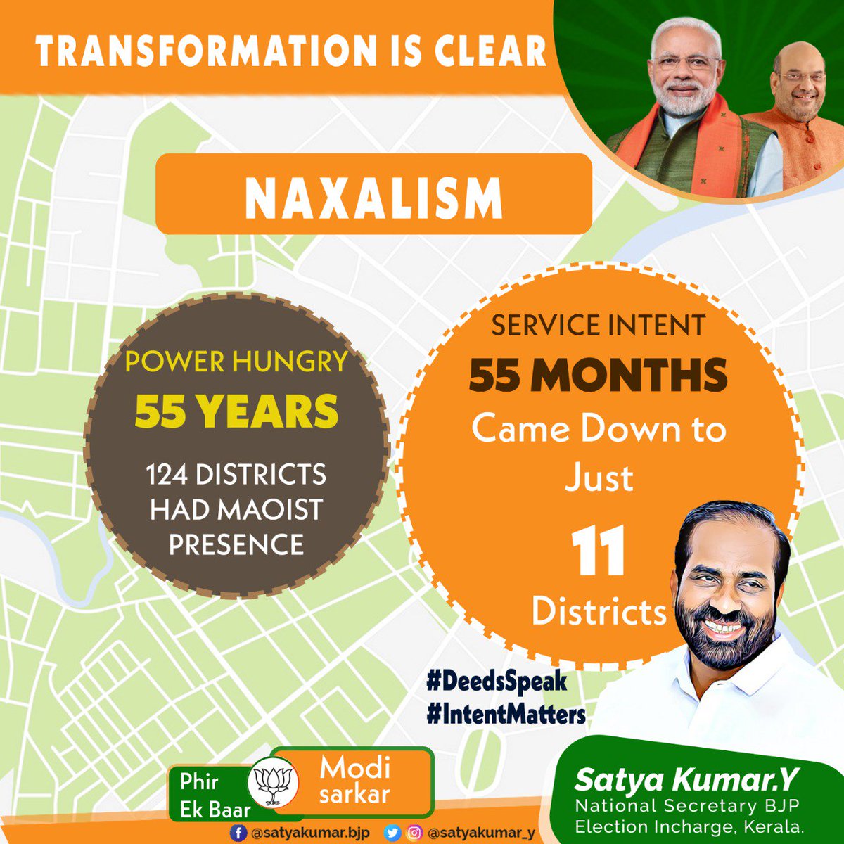 satyakumar_y's tweet photo. #Agenda19
Difference is clear b/w
55 years of #PowerHunger vs
55 months of #ServiceIntent
#Naxalism had its spread in 124 districts by the end of #UPA rule.
#Modi ji's crackdown on naxals and it's reduced to just 11 districts.
#IntentMatters #DeedsSpeak
#BharatBoleModiModi https://t.co/nVJRFqFlDj