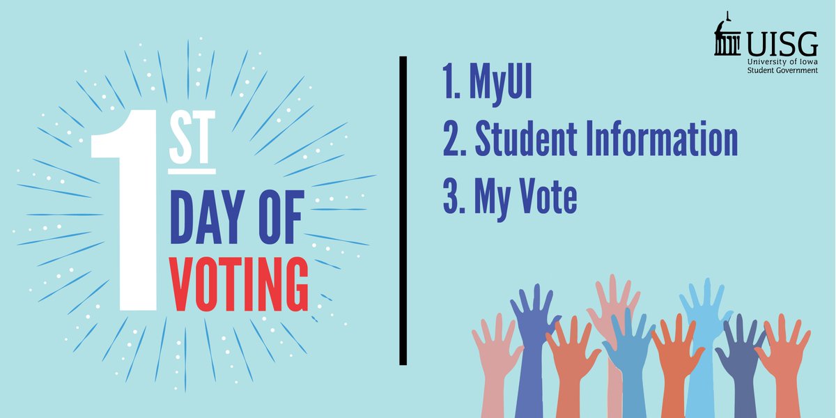 Today is the first day of voting in the UISG Election! It is incredibly easy.

Here are the steps:
1. Visit MyUI at my.uiowa.edu
2. Click the “Student Information” tab at the top of the page
3. Scroll all the way down and click “My Vote” under MY UIOWA
4. VOTE