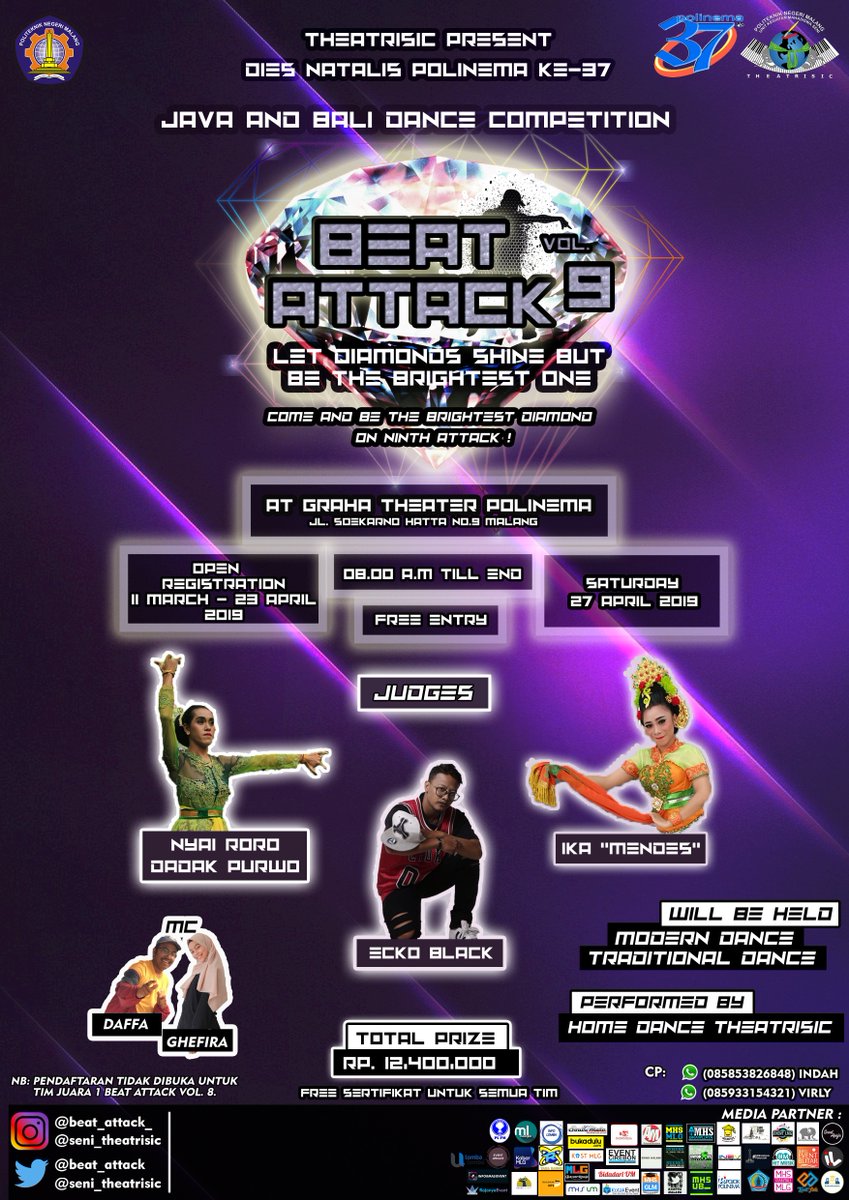 KabarMLG's tweet photo. @Beat_Attack Proudly Presents : Dies Natalies Ke- 37 Politeknik Negeri Malang
Java &amp; Bali Dance Competition Beat Attack vol.9 |27 April 2019| Graha Theater Polinema - Jl. Soekarno-Hatta no.9 Malang, Jawa Timur| #EventMLG https://t.co/sFDxVvs0Ii