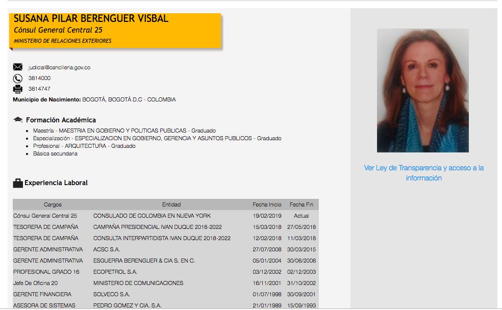 12. Susana Pilar Berenguer, ex Tesorera de campaña de  @ivanduque, fue nombrada Cónsul en Nueva York, sin ningún tipo de experiencia en Relaciones Internacionales.