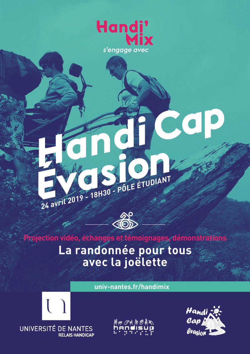 Projection/Rencontre organisée par <a href="/HandiCapEvasion/">Handi Cap Evasion</a> 
24/04 Pôle Étudiant,18h30
Thème: randonnée partagée entre personnes valides et à mobilité réduite. Cette projection vidéo donnera l'occasion d'échanges et témoignages + une démonstration de la joëlette !
hce.asso.fr