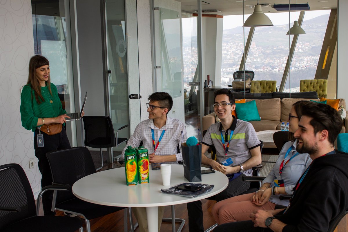 atlantbh's tweet photo. During this afternoon's meetup with our interns we learned how the #ABHInternship improved them professionally & personally. We also got to test their knowledge through a short fun quiz, and they were rewarded with #ABHMerch prizes. You're on the right track folks, keep going! https://t.co/0jVcDuC1jq