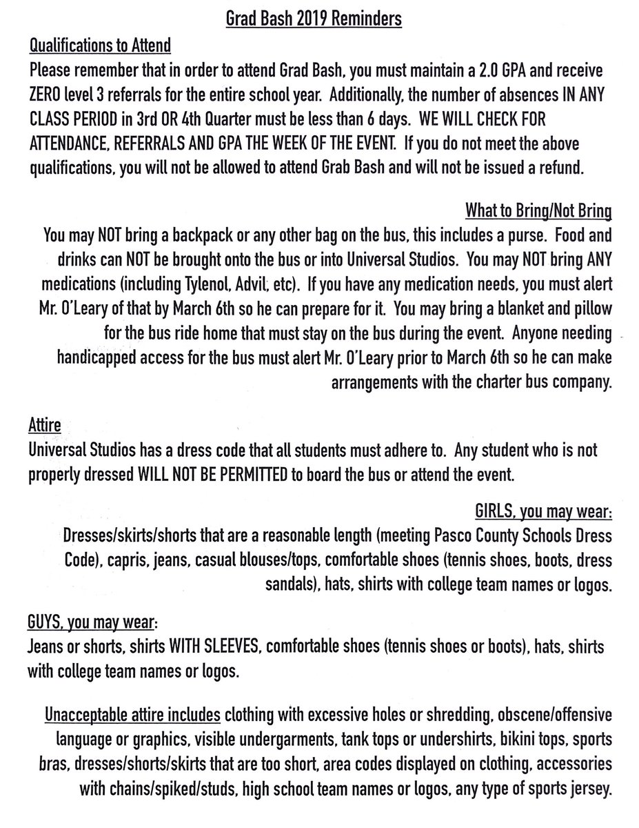 RoyalOLeary's tweet photo. 🚨🚨EVERYONE GOING TO GRAD BASH 2019 - PLEASE READ THE IMAGES BELOW! IT IS EVERYTHING YOU NEED TO KNOW ABOUT DRESS CODE, WHAT YOU CAN BRING, AND MORE! 🚨🚨

It says to arrive at 3:30, but 3:15 is preferable because the buses will leave at 4:00. 

Neck lanyards will be allowed. https://t.co/S4tqsDMz7E